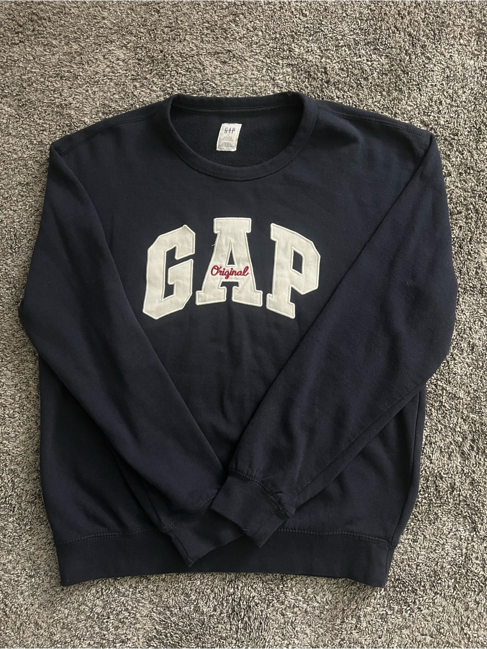 GAP Men's Navy Crewneck with White Logo and Red Accent
